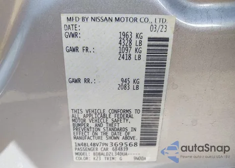 2023 Nissan Altima S Fwd from USA, damaged, VIN 1N4BL4BV7PN369568